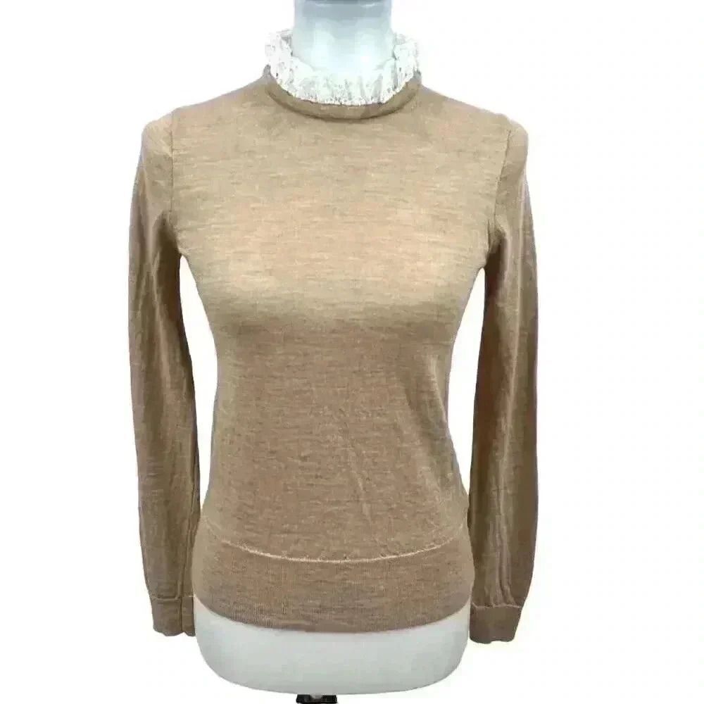 J. Crew Women's Heather Tan Merino Wool Lightweight Knit Antique Lace Collar Lon